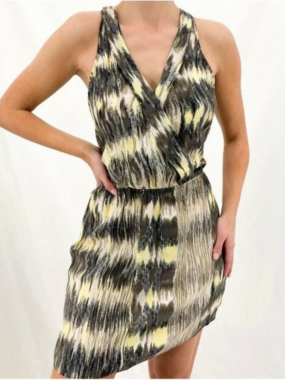 Parker Yellow Black Cream Printed Silk Sleeveless Mini Dress